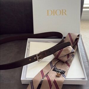 Dior vintage Men's Brown Leather Belt + tie set with box
